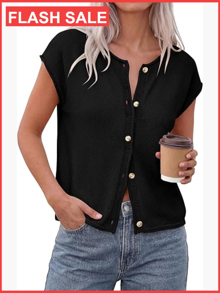 Cap Sleeve Button Down Cardigan Sweater Vest - Lightweight Loose Knit Top
